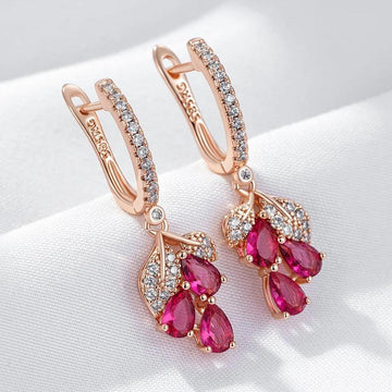 Amazing Red Pomegranate Flower 14K Filled Rose Gold AAA Zircon Diamonds Long Drop Earrings - Elegant Jewellery